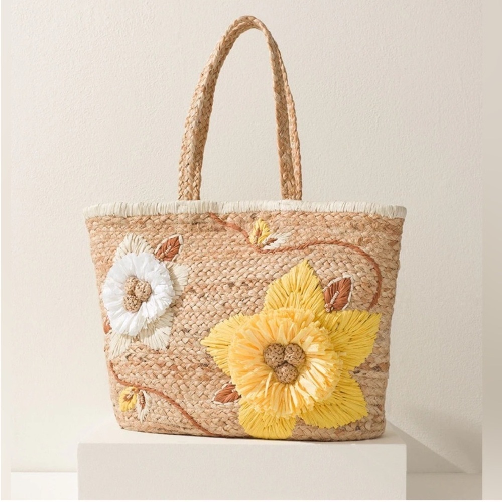 Chicos Floral Beach 100% Jute Tote